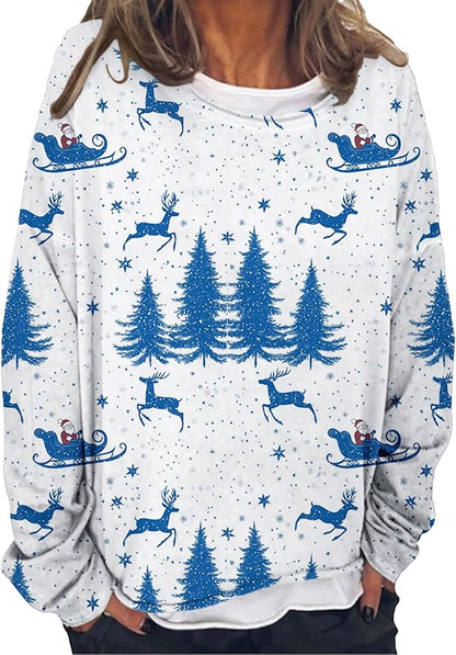LOAIHA Christmas Shirts for Women Crewneck Snowman Snowflake Santa Graphic Shirts Christmas Tree Long Sleeve Xmas Hoodie