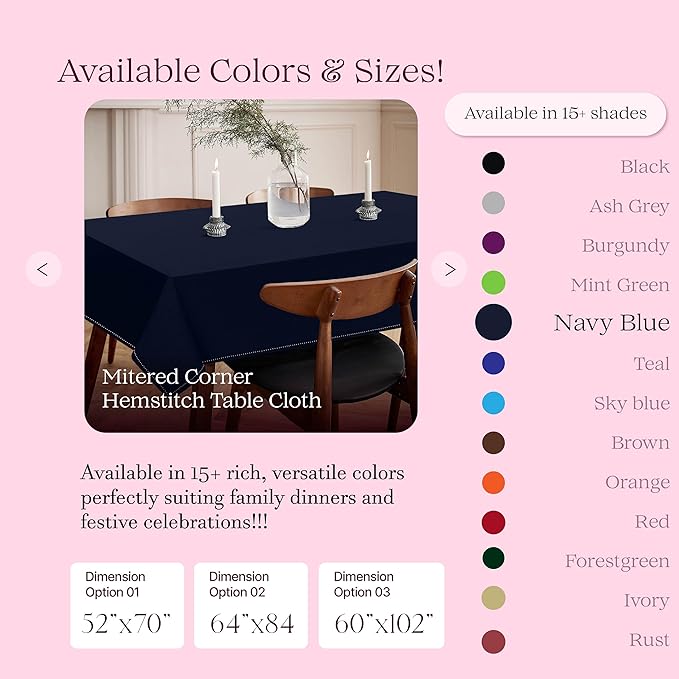 Navy Blue Table Cover, 100% Cotton Tablecloth 60x86 Inch, Fits 6-8 Seats, Soft, Durable, Washable, Wrinkle Resistant, Rectangle Table Cloth for Dining, Holiday Celebrations, Dinner