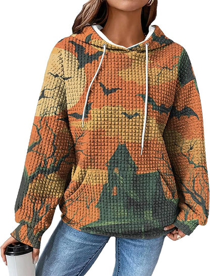 Halloween Sweatshirts for Women Novelty Graphic Drawstring Waffle Hoodies Loose Casual Pullover Tops with Pocket