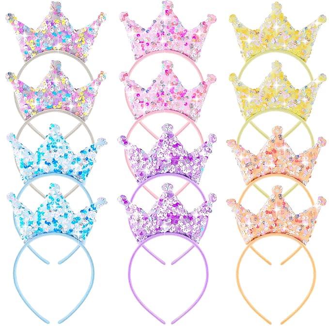 Juexica 12 Pack Princess Party Favors Princess Crowns Headband Decorations Glitter Sequin Headband for Birthday Proms Gifts(Multi Colors,Sequin)