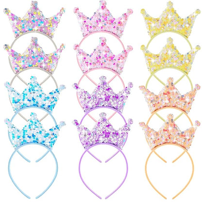 Juexica 12 Pack Princess Party Favors Princess Crowns Headband Decorations Glitter Sequin Headband for Birthday Proms Gifts(Multi Colors,Sequin)