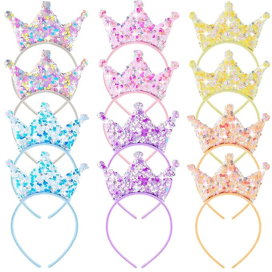 Juexica 12 Pack Princess Party Favors Princess Crowns Headband Decorations Glitter Sequin Headband for Birthday Proms Gifts(Multi Colors,Sequin)