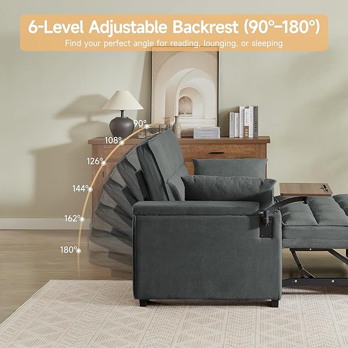 66" Multi-Functional Pull-Out Sofa Bed with Hidden Side Table, Storage Armrests, Built-in Charging Port, Spring Mattress, Solid Wood Frame – Ideal for Small Spaces, Easy Assembly