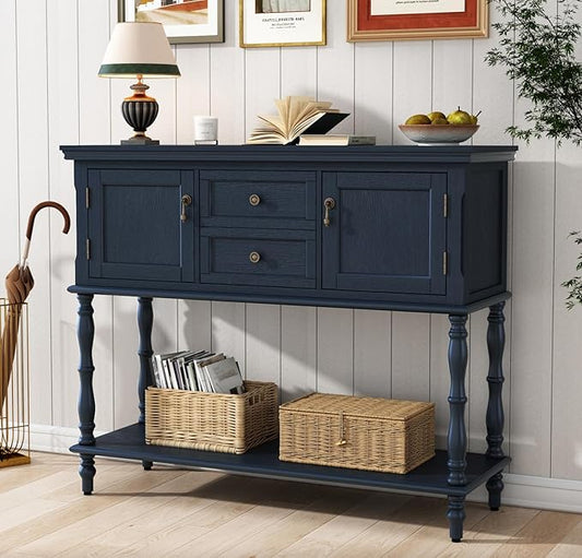 ARTPOWER Console Table with 2 Drawers, Retro Entryway Table with 2 Door Cabinets and Open Storage Shelf, Narrow Long Behind Couch Sofa Table for Living Room, Foyer, Hallway, Blue