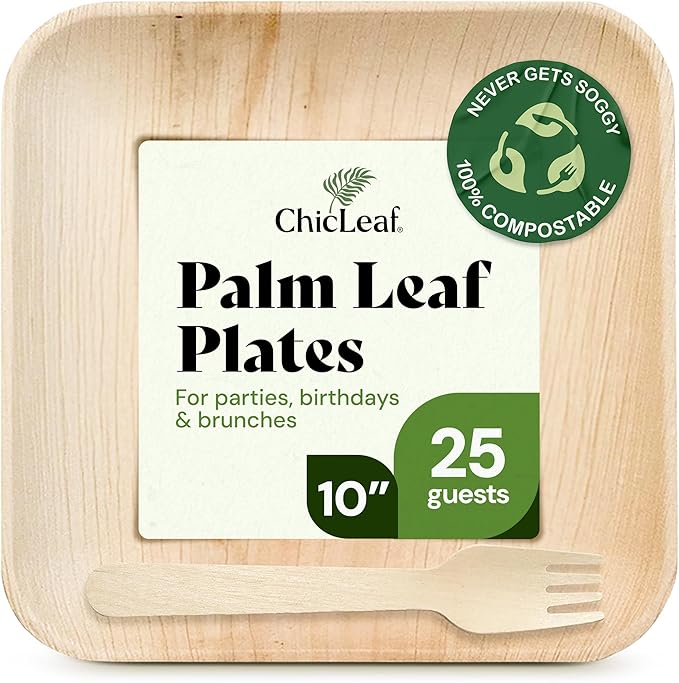 Chic Leaf Palm Leaf Plates Disposable Inch Square Pack Compostable Biodegradable & Eco Friendly Plates, Thanksgiving Dinner Meal and Chrsitmas - Microwave Safe Disposable (10'' - 25 Pack)