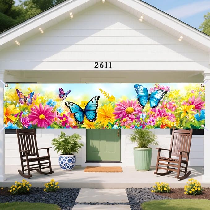 Nuxovilar Happy Birthday Banner Decorations 17.72x78.74 Inch Butterfly Flower Theme - Polyester for Indoor Outdoor Birthday Party Decor