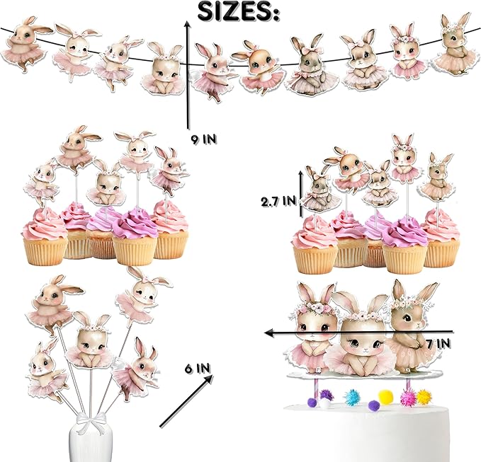 Bunnies Baby Shower and Birthday Party Supplies Set - Banner, Centerpieces, Cupcake Toppers, Cake Topper
