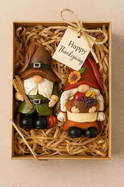iStatue Thanksgiving Decorations Fall Gnome Figurines – 2 Pack Resin Harvest Figurines with Pumpkins, Wheat & Basket, Autumn Home Décor Accents for Table, Mantel, Shelf (Brown)