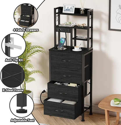 Furnulem Tall Nightstand, LED Night Stand with Charging Station and USB Ports, 4 Fabric Drawers and 4 Tier Storage Shelf, Nightstands Bedside Tables for Bedroom, Dorm, Office (Black Oak)