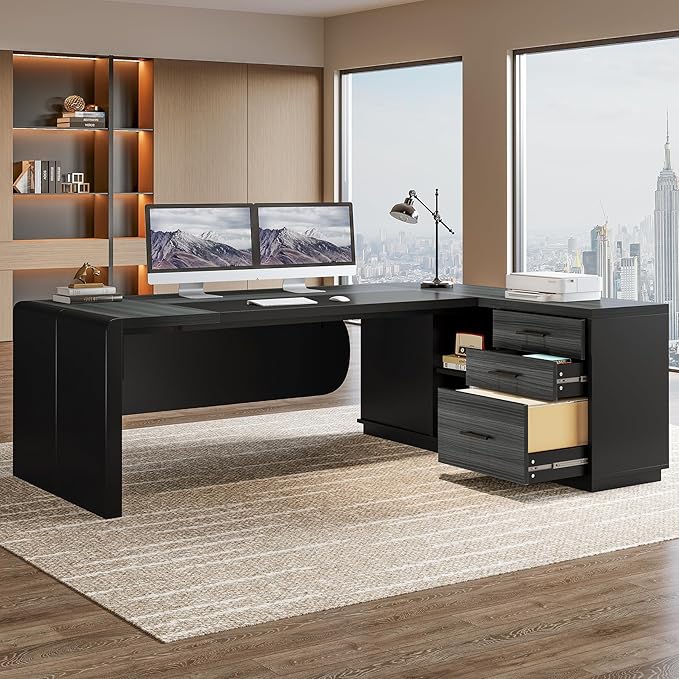 Tribesigns 80'' L-Shaped Desk Set of 6, Large Executive Office Desk with 55'' Drawers Cabinet, Modern Computer Table with Storage Shelves, Business Furniture for Office, Grey