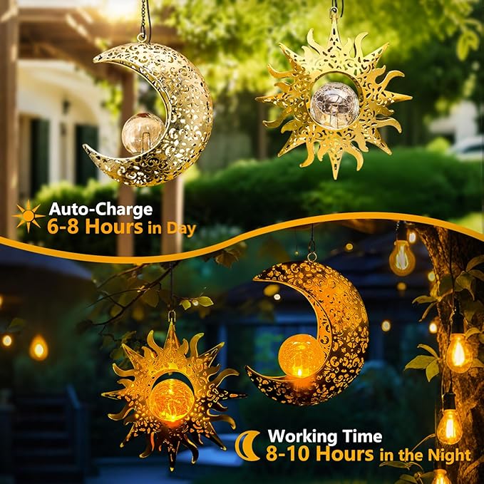Solar Hanging Sun and Moon Lights Garden Outside Decor,2 Pack Metal Lanterns Outdoor Sunflower Art Decorations for Porch Backyard Patio Wall Tree,Unique Gardening Gifts for Women Mom Grandma