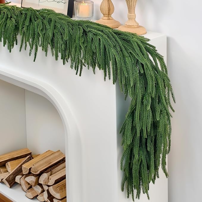 6ft Christmas Garland with Lights,Thick Norfolk Pine Garland, Realistic Green Garlands for Mantle, Stair Railing, Battery Operated Indoor/Outdoor New Year Holiday Decoration with Timer