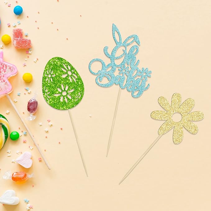 24 Pcs Oh Baby Cupcake Toppers - Blue Glitter Babyshower Cake Picks - Happy Easter Bunny & Spring Theme Boy Birthday Party Decorations