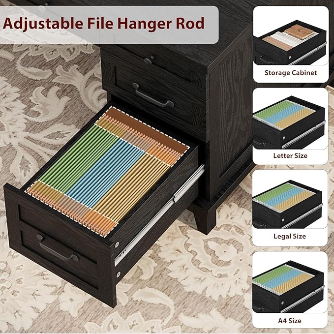 60 Inch Farmhouse Executive Desk with File Drawers for Home Office, Large Computer Desk with Storage Cabinet & Charging Station, Wooden Writing Table with Power Outlets & USB Ports for Work Study