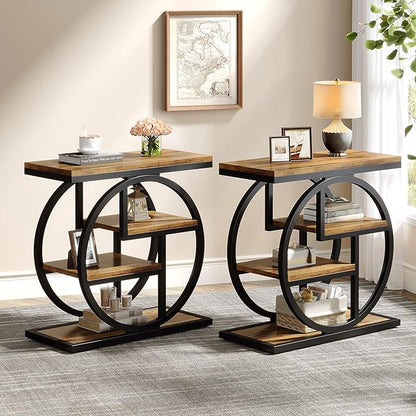 Tribesigns End Table Set of 2, 4-Tier Narrow Side Table with Storage Shelves, Wood Small Sofa Side Table with Geometric Metal Frame, Industrial Bedside Table for Bedroom, Living Room, Rustic Brown