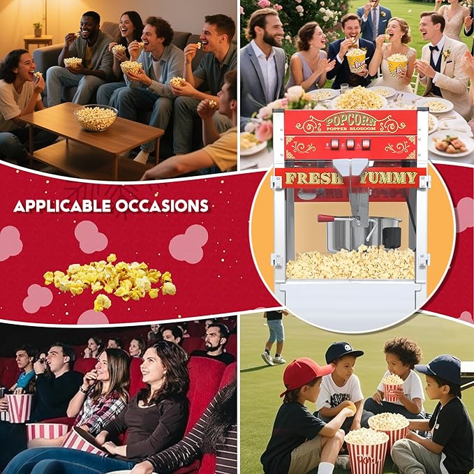 Commercial 20 Oz Popcorn Machine with Cart - 100 Cups, Stainless Steel Kettle, Warming Light - Portable Popper for Home Theater & Parties, Red