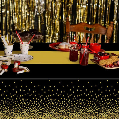 QZYL 12Pack Plastic Table Cloth Disposable, 54" x 108" Waterproof Black Table Cloths with Gold Dots, Outdoor Tablecloth for Rectangle, Table Cloth Cover for New Years Eve Decorations Holiday Birthday