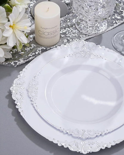 Nervure 350PCS Silver Plastic Dinnerware - White and Silver Disposable Plates for 50 Guests - 100 Disposable Plates, 150 Plastic Silverware, 50 Cups, 50 Napkins for Wedding & Party
