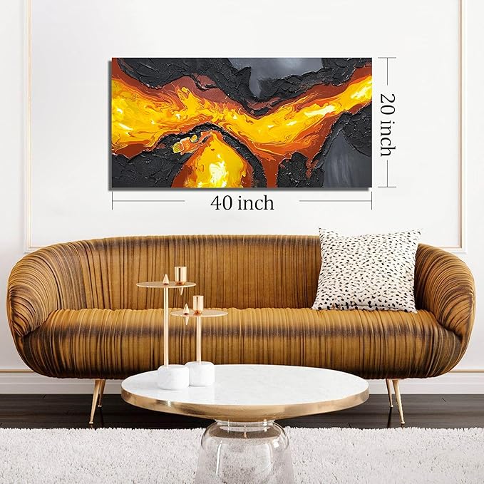 GUGIKA Abstract Wall Art for Living Room, Hand Painted 3D Textured Magma Paintings, Black and Gold Yellow Volcanic Lava Canvas Wall-Decor for Bedroom, Size 40 x 20 Inches