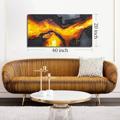 GUGIKA Abstract Wall Art for Living Room, Hand Painted 3D Textured Magma Paintings, Black and Gold Yellow Volcanic Lava Canvas Wall-Decor for Bedroom, Size 40 x 20 Inches