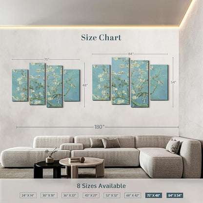 ElephantStock Almond Blossoms Wall Art - Horizontal Canvas - 4-Piece Living Room Wall Decor - Flower Painting Canvas Print - Blue and Green Decor for Wall by Vincent Van Gogh - 84" X 54"