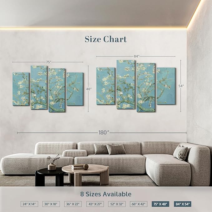 Elephant Stock Almond Blossoms Wall Art - Horizontal Canvas - 4-Piece Living Room Wall Decor - Flower Painting Canvas Print - Blue and Green Decor for Wall by Vincent Van Gogh - 75" X 48"