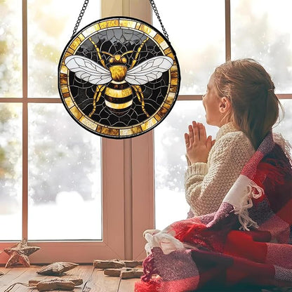 Stained Glass Window Hanging - Black Gold Bee White Wings Sun Catcher for Door Home Decor Insect Suncatcher Christmas Mother's Day Birthday Gifts for Women Men Lovers Mom Nana 7.8 in