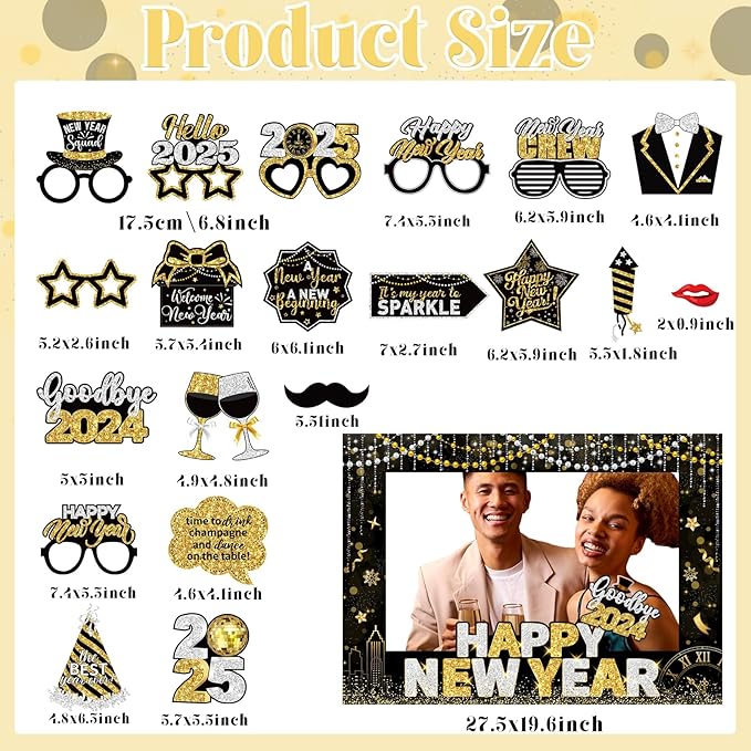 2025 New Years Photo Booth Props,New Years Eve Party Supplies 2025 Black Gold New Year Photo Booth Props with Photo Frame for New Years Eve Party Decorations