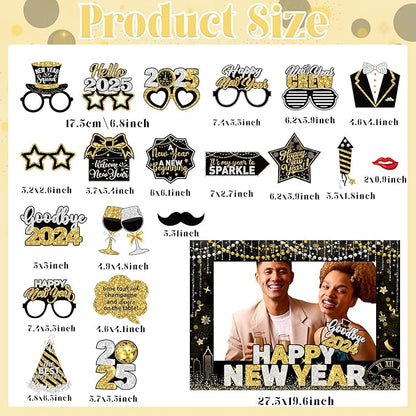 2025 New Years Photo Booth Props,New Years Eve Party Supplies 2025 Black Gold New Year Photo Booth Props with Photo Frame for New Years Eve Party Decorations