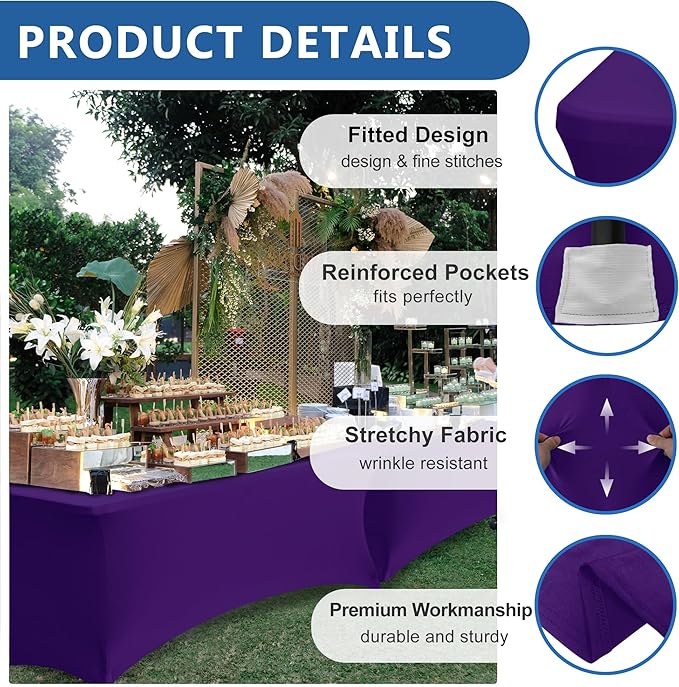 4ft Table Cloth for Rectangle Table-8 Pack Dark Purple Spandex Table Covers-Fitted Stretch Tableclothes Protector for for Party, Vendor Booth Display, Banquet Buffet Event, Craft Trade Show