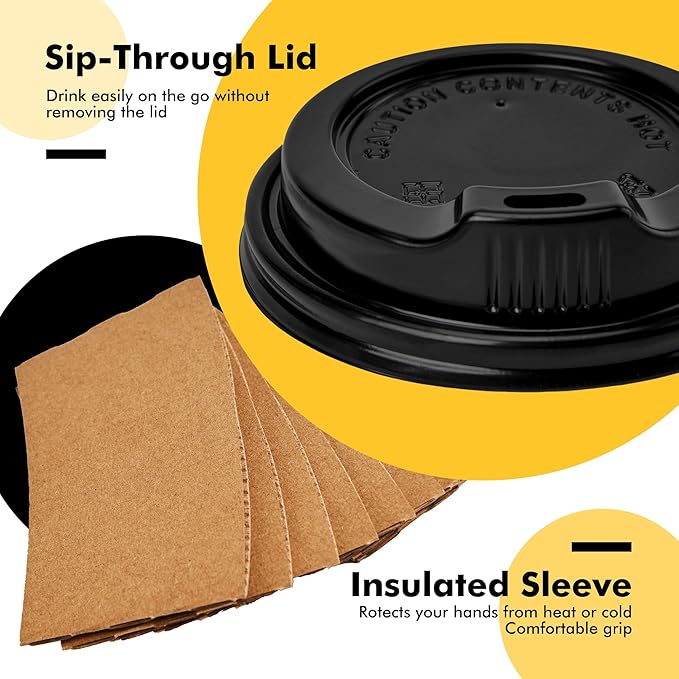 RACETOP 16 oz Paper Coffee Cups, 100 Pack Black Disposable Coffee Cups with Lids, Sleeves and Stirring Sticks, 16 oz Hot Coffee Cup for Hot Drinks, Parties, Picnic, Travel, and Events