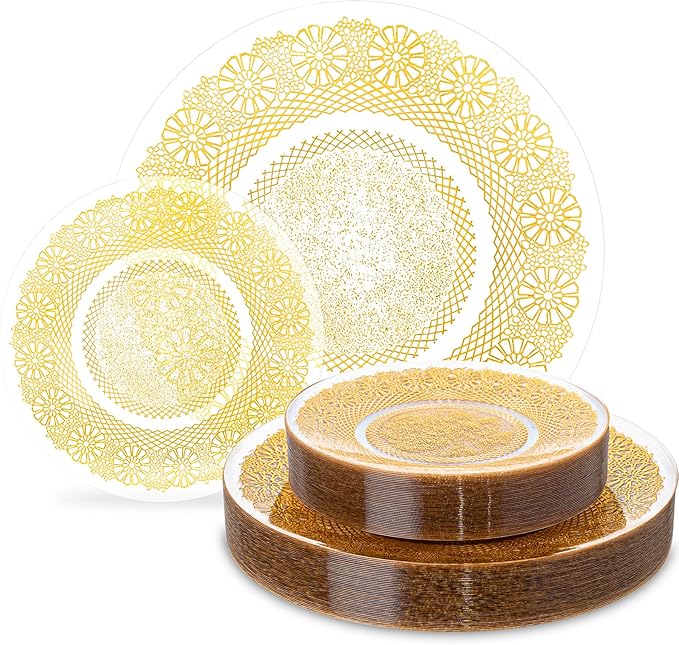 HOMIP 120PCS Clear Gold Plastic Plates, Disposable Party Plates Include 60PCS 10 inch Dinner Plate & 60PCS 7 inch Dessert Plate Perfect for Party Wedding and Holiday