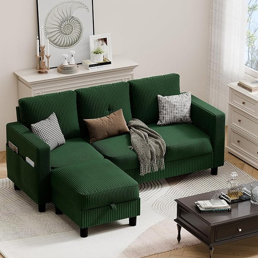 JAMFLY Convertible Sectional Couches for Living Room, L-Shaped Couch 3 Seat Sectional Sofa Set with Polyester Fabric and Movable Ottoman Small Couch for Apartments, Office,Green
