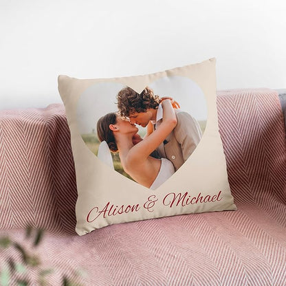 Be Burgundy Custom Heart Photo Pillow Cover 16x16 Inch – Personalized Couple Pillow with Names, Romantic Photo Cushion for Lovers, Engagement, Anniversary, or Wedding Gift for Him or Her