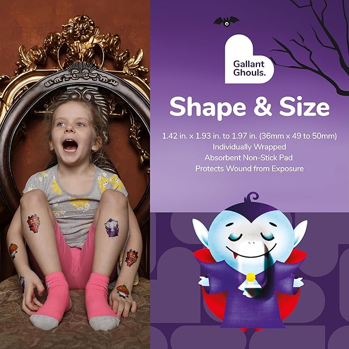 BioSwiss Kids Bandages, Halloween Ghouls Shaped Self Adhesive Bandage Set, Latex Free, Sterile Wound Care, 24 Count