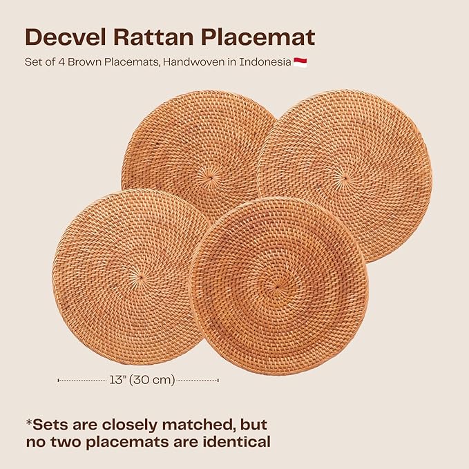 4-Pack Rattan Placemats - 13-inch Round Placemats (Honey Brown) - Woven Place Mats, Round Table Mats - Wicker Chargers for Dinner Plates, Plate Chargers Boho - Rattan Decor, Kitchen Table Decor