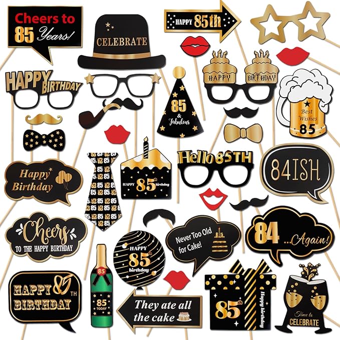 LINGTEER Happy 85th Birthday Party Photo Booth Props,Cheers to 85th Birthday 85th Years Old Bday Party Centerpieces Props Decorations Sign.