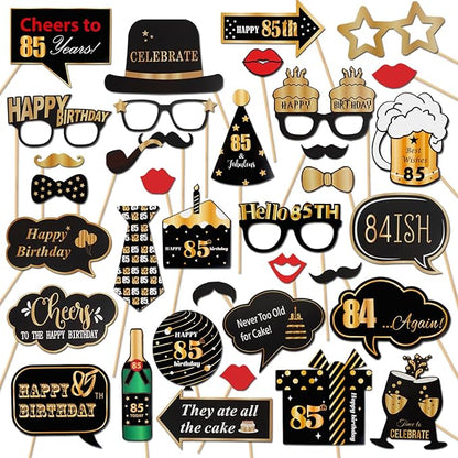 LINGTEER Happy 85th Birthday Party Photo Booth Props,Cheers to 85th Birthday 85th Years Old Bday Party Centerpieces Props Decorations Sign.