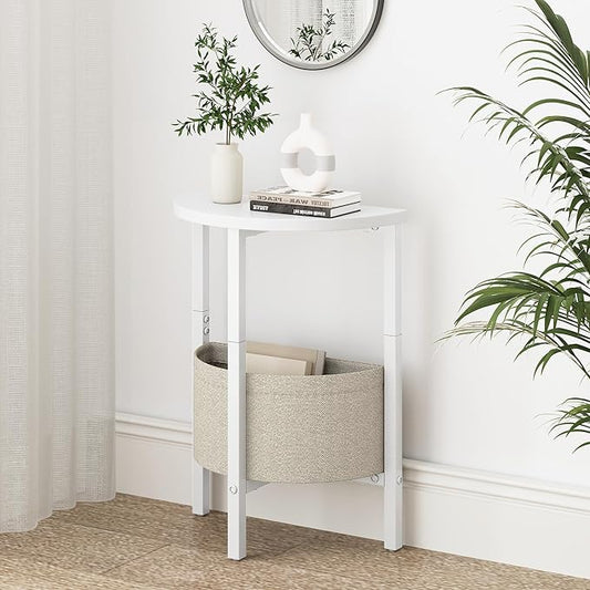 Vagusicc Side Table, Small Round End Table, Tall Accent Table with Storage Basket, Set of 2 Half Round Coffee Tables Half Moon Tables, Bedside Table, Modern Nightstand for Living Room Bedroom, White