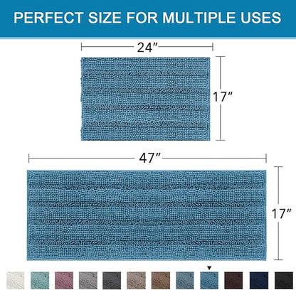 H.VERSAILTEX 2 Piece Bathroom Set - Super Absorbent Chenille Striped Bath Mats - Non Skid, Machine Washable - Turquoise Blue, 47 x 17 Plus 17 x 24 Inches