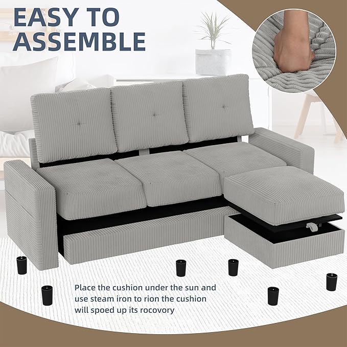 JAMFLY Convertible Sectional Couches for Living Room, L-Shaped Couch 3 Seat Sectional Sofa Set with Corduroy Fabric and Movable Ottoman Small Couch for Apartments, Office(Light Grey)