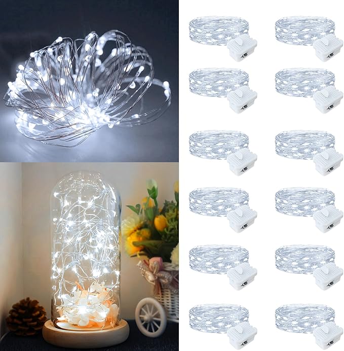 Fairy Lights,Silver Wire String Lights Waterproof,Battery Operated 7FT 20LED Firefly Starry Moon Lights for DIY Christmas Wedding Party Bedroom Decor (White, 12 Pack)