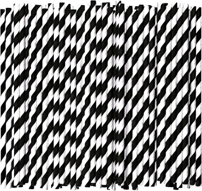 7.75'' Disposable Paper Drinking Straws Bulk, Black and White Striped - Unwrapped, Pack of 1000