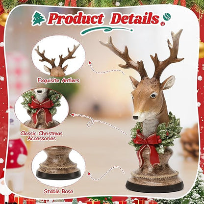 Christmas Reindeer Head Statues, Deer Head with Wreath, Reindeer Christmas Table Decoration for Home Indoor Resin Xmas Deer Figurine Winter Holiday New Year Gift for Woman