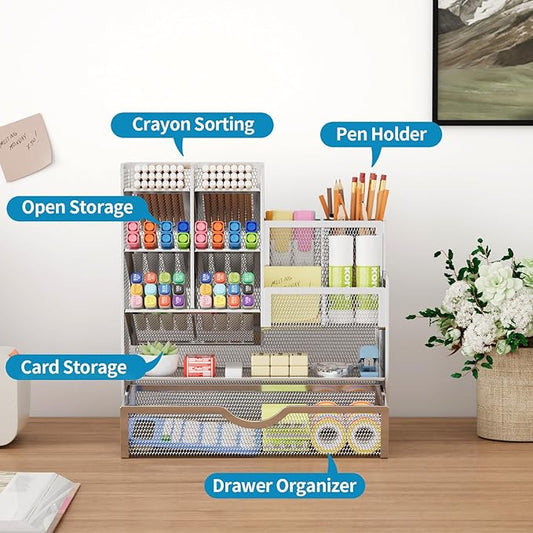 Marbrasse Mesh Pen Holder for Desk, Pen Organizer with Drawer, Multi-Functional Pencil Organizer, Desk Organizers and Accessories for Office Art Supplies (Silver)