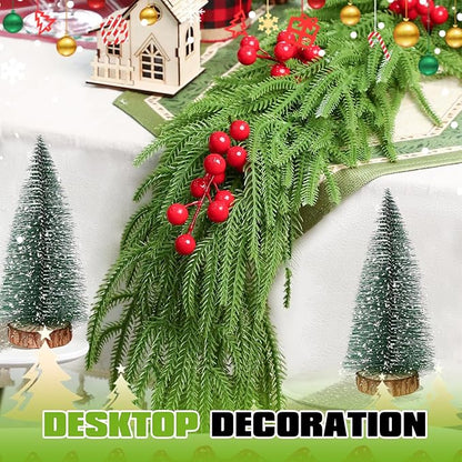 6FT Pre-Lit Christmas Garland with Mini Christmas Tree, Artificial Christmas Green Rattan Pine Cypress Garland, Seasonal Garland for Mantle Stairs Table Fireplace Xmas Decoration