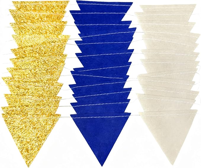 Blue Gold Beige Party Decoration Royal Gold Glitter Felt Hanging Triangle Mini Bunting Pennant Banner Flag for Birthday Wedding Graduation Baby Shower Nautical Ahoy Achor Party Nursery Classroom Decor