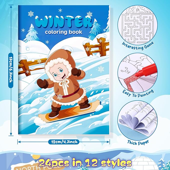 BenLouis 24 Winter Mini Coloring Books Kids with 24 Stacking Crayons Polar Animals Party Favors Activity Books Bulk for Kids Winter Holiday Goodie Bag Gift Stuffer Classroom Reward