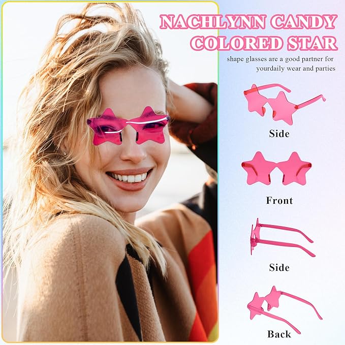 NACHLYNN 24 Pcs Pentagram Glasses Rose Red Transparent Sunglasses Rimless Star Shaped Sunglasses for Carnival Cosplay