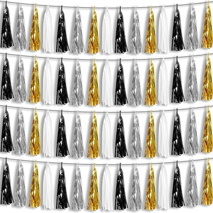 4P Black Gold Silver Foil Fringe Metallic Tassel Garland, Tassels Banner Streamers for Parade Floats, Bachelorette, Wedding, Birthday, Halloween, Christmas, Bridal/Baby Shower Party Decorations
